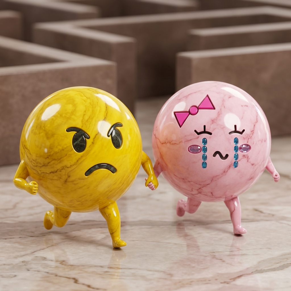 Marble Maze promotional artwork with two marble characters running through a maze